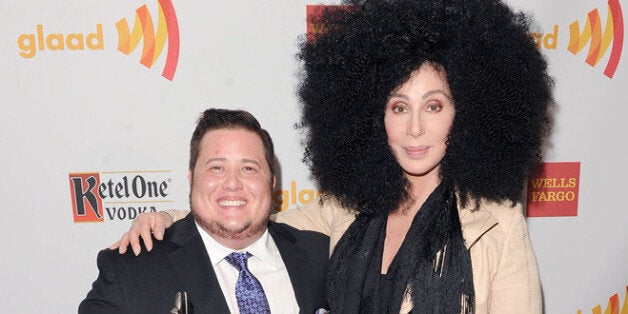 LOS ANGELES, CA - APRIL 21: Chaz Bono and Cher backstage at the 23rd Annual GLAAD Media Awards presented by Ketel One and Wells Fargo held at Westin Bonaventure Hotel on April 21, 2012 in Los Angeles, California. (Photo by Jason Merritt/Getty Images for GLAAD)