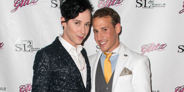 NEW YORK, NY - JULY 27: Johnny Weir (L) and Victor Weir-Voronov attend Johnny Weir & Victor Weir-Voronov's Birthday Celebration at Soho Grand Hotel on July 27, 2013 in New York City. (Photo by Michael Stewart/Getty Images)