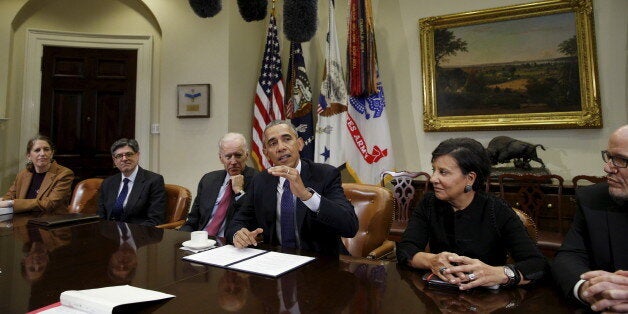 U.S. President Barack Obama holds a meeting with his economic team at the White House in Washington March 4, 2016. From left