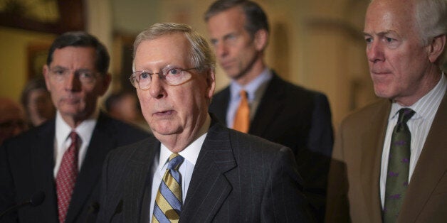 WASHINGTON, DC - APRIL 05: Senate Majority Leader Mitch McConnell (R-KY) (2nd L) and fellow Republican senators (L-R) Sen. John Barrasso (R-UT), Sen. John Thune (R-SD) and Senate Majority Whip John Cornyn (R-TX) talk to reporters following their weekly policy luncheon at the U.S. Capitol April 5, 2016 in Washington, DC. McConnell insisted that support among Senate Republicans has not waned for his refusal to hold confirmation hearings or a vote on President Barack Obama's Supreme Court nominee Merrick Garland. (Photo by Chip Somodevilla/Getty Images)