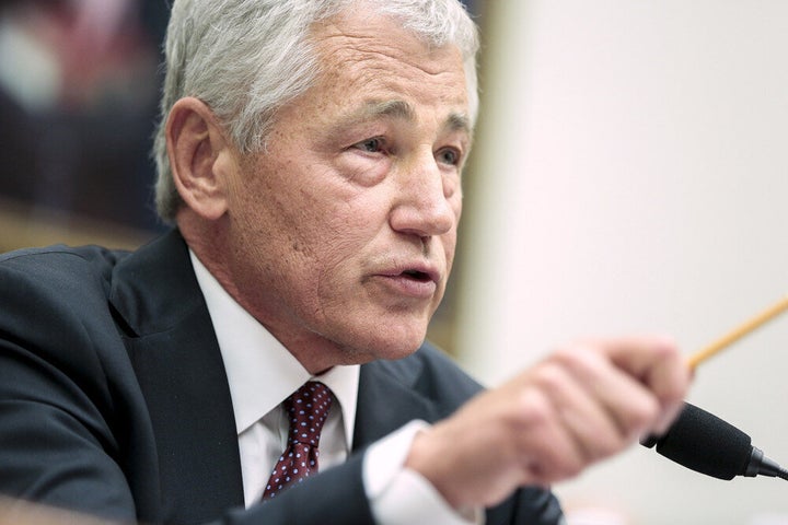 WASHINGTON, DC - APRIL 11: Defense Secretary Chuck Hagel testifies before the House Armed Services Committee on the Defense Department's budget request for fiscal year 2014 on April 11, 2013 in Washington, DC. Hagel emphasized the department's need for time to adjust to cuts, and highlighted the budget request's timeline that allows several years before any cuts are scheduled to take effect. (Photo by T.J. Kirkpatrick/Getty Images)