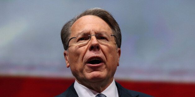 HOUSTON, TX - MAY 03: NRA executive vice president and CEO Wayne LaPierre speaks during the 2013 NRA Annual Meeting and Exhibits at the George R. Brown Convention Center on May 3, 2013 in Houston, Texas. More than 70,000 peope are expected to attend the NRA's 3-day annual meeting that features nearly 550 exhibitors, gun trade show and a political rally. The Show runs from May 3-5. (Photo by Justin Sullivan/Getty Images)