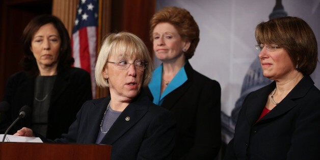 WASHINGTON, DC - DECEMBER 18: (L-R) U.S. Sen. Maria Cantwell (D-WA), U.S. Sen. Patty Murray (D-WA), U.S. Sen. Debbie Stabenow (D-MI), and U.S. Sen. Amy Klobuchar (D-MN) participate in a news conference on violence against women on December 18, 2012 in Washington, DC. The Democratic female Senators discussed a domestic violence protection bill and have called on the House to pass it before Congress recesses at end of the year. (Photo by Mark Wilson/Getty Images)