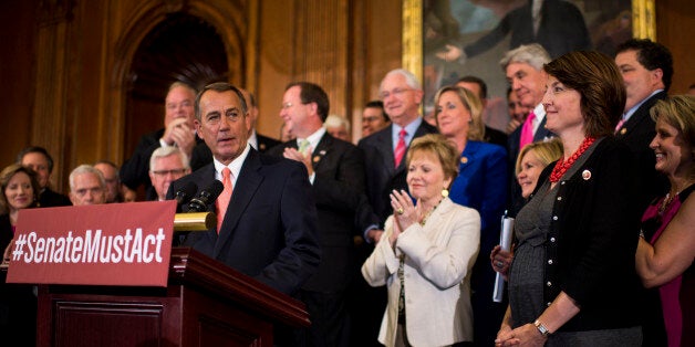 UNITED STATES - SEPTEMBER 20: Speaker of the House John Boehner, R-Ohio, speaks in the Rayburn Room during the House Republicans' rally following the House vote on a continuing resolution, including defunding ObamaCare, on Friday, Sept. 20, 2013. (Photo By Bill Clark/CQ Roll Call)