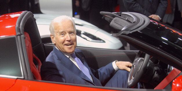 DETROIT, MI - JANUARY 16: U.S. Vice-President Joe Biden sits in a Corvette at the North American International Auto Show industry preview at Cobo Hall on January 16, 2014 in Detroit, Michigan. (Photo by Paul Warner/Getty Images)