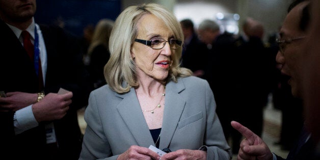 UNITED STATES - FEBRUARY 22: Arizona Governor Jan Brewer speaks with attendees of the National Governors Association Winter Meeting at the JW Marriott in Washington on Saturday, Feb. 22, 2014. (Photo By Bill Clark/CQ Roll Call)