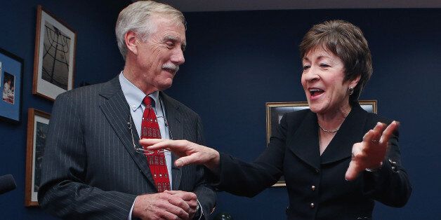 WASHINGTON, DC - NOVEMBER 13: U.S. Senator-elect Angus King (I-ME) (L) and Sen. Susan Collins (R-ME) make brief statements to the press during a photo opportunity in Collins' Capitol Hill office November 13, 2012 in Washington, DC. Now the junior senator from Maine, King defeated Collins in 1994 to become the state's 72nd governor. King, an independent, has yet to announce which political party he will caucus with in Congress. (Photo by Chip Somodevilla/Getty Images)
