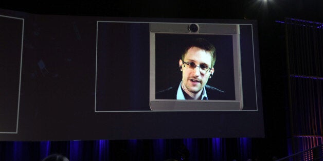 VANCOUVER, CANADA - MARCH 18: Edward Snowden is interviewed via a BEAM remote pressence system during the 2014 TED confernec