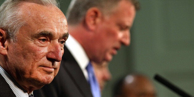 NEW YORK, NY - JULY 18: New York Mayor Bill de Blasio (right) and New York Police Commissioner William Bratton speak to the