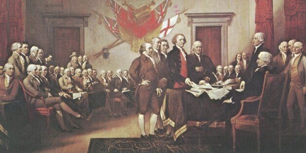 Postcard of 'The Signing of the Declaration of Independence', painted by John Trumbull, Philadelphia, Pennsylvania. (Photo by Hulton Archive/Getty Images)