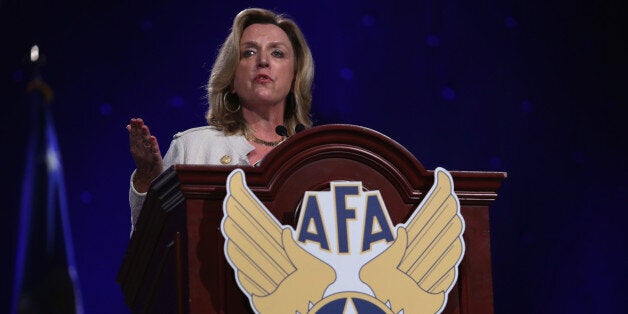 NATIONAL HARBOR, MD - SEPTEMBER 15: U.S. Secretary of the Air Force Deborah Lee James speaks during the 2014 Air and Space Conference and Technology Exposition at Gaylord National Resort and Convention Center September 15, 2014 in National Harbor, Maryland. Secretary James spoke on 'The State of the Air Force' during the event which hosted by the Air Force Association. (Photo by Alex Wong/Getty Images)