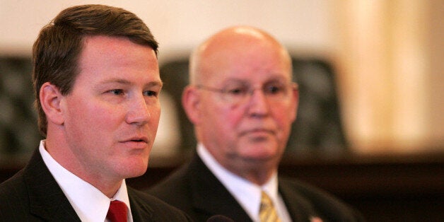 Ohio House Speaker John Husted (R) from the 37th district, left, answer questions as Senate President Bill Harris (R) from the 19th district looks on during the Republican response to Ohio Governor Ted Strickland's State of the State at the Ohio State House, in Columbus, Ohio Wednesday, Feb. 6, 2008. (AP Photo/Paul Vernon)