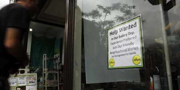 NEW YORK, NY - OCTOBER 02: A notice in a store window announces a retail job opening on October 2, 2014 in New York City. In a sign that the labor market continues to improve, new numbers released on Thursday show that the number of Americans filing new claims for unemployment benefits fell last week. The Labor Department said on Thursday that claims for state unemployment benefits fell by 8,000 to a seasonally adjusted 287,000 in the week ended Sept. 27. (Photo by Spencer Platt/Getty Images)