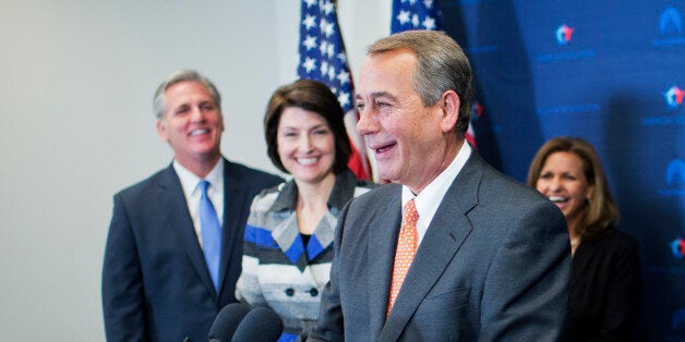 UNITED STATES - NOVEMBER 18: From left, House Majority Leader Kevin McCarthy, R-Calif., Cathy McMorris Rodgers, R-Wash., Speaker John Boehner, R-Ohio, Lynn Jenkins, R-Kan., Rep. Sean Duffy, R-Wisc., and Majority Whip Steve Scalise, R-La., conducts a news conference after a meeting of House Republicans in the Capitol, November 18, 2014. (Photo By Tom Williams/CQ Roll Call)