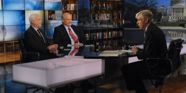 MEET THE PRESS -- Pictured: Sen. John McCain (R-AZ) left, Fmr. Sen. Fred Thompson (R-TN) center, and moderator David Gregory, right, appear on 'Meet the Press' in Washington, D.C., Sunday, Jan. 29, 2012. -- Photo by: William B. Plowman/NBC/NBC NewsWire