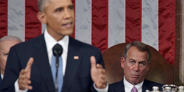 US Speaker of the House John Boehner (R) listens to US President Barack Obama deliver the State of the Union address before a joint session of Congress on January 20, 2015 at the US Capitol in Washington, DC. Credit: Mandel Ngan / Pool via CNP - NO WIRESERVICE -