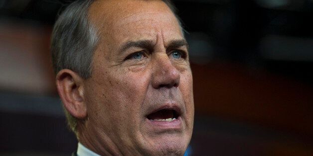 House Speaker John Boehner of Ohio speaks during a news conference on Capitol Hill in Washington, Thursday, Feb. 12, 2015. Boehner refused to rule out a potential shutdown at the Department of Homeland Security because of a congressional impasse over funding. (AP Photo/Molly Riley)
