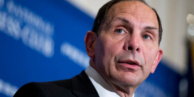 FILE - In this Nov. 7, 2014 file photo, Veterans Affairs Secretary Robert McDonald speaks at the National Press Club in Washington. The Veterans Affairs Department says it is creating a single regional framework that divides the sprawling agency into five clearly marked regions. The new framework is part of a larger reorganization that VA leaders say will bring a singular focus on customer service to an agency that serves 22 million veterans. (AP Photo/Manuel Balce Ceneta, File)