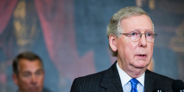 UNITED STATES - FEBRUARY 10: Speaker of the House John Boehner, R-Ohio, left, and Senate Majority Leader Mitch McConnell, R-Ky., participate in the ceremony to sign H.R.203, the 'Clay Hunt Suicide Prevention for American Veterans Act.' in the Capitol on Tuesday, Feb. 10, 2015. (Photo By Bill Clark/CQ Roll Call)