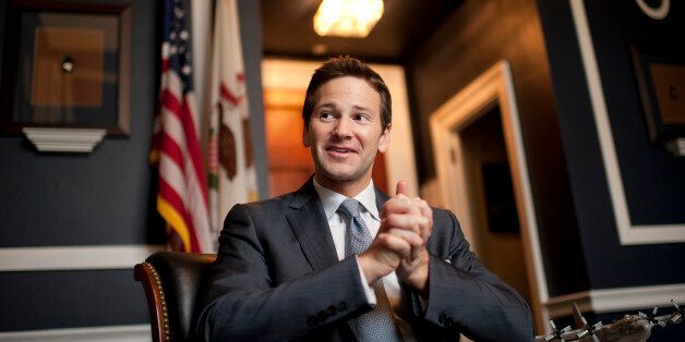 UNITED STATES - FEBRUARY 02: Rep. Aaron Schock, R-Ill., is interviewed by Roll Call in his Longworth office. (Photo By Tom Williams/CQ Roll Call)
