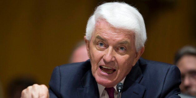 U.S. Chamber of Commerce President Tom Donohue testifies on Capitol Hill in Washington, Tuesday, April 21, 2015, before the Senate Finance Committee hearing on fast track authority. Major labor unions and business groups clashed Tuesday over President Barack Obama's bid for "fast track" authority to advance trade deals being negotiated with numerous nations. (AP Photo/Evan Vucci)