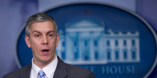 FILE - This March 14, 2014 file photo shows Education Secretary Arne Duncan speaking in the Brady Press Briefing Room of the White House in Washington. Student lender Sallie Mae has reached a $60 million settlement with the federal government to resolve allegations it charged military service members excessive interest rates on their student loans. The settlement was announced Tuesday by Attorney General Eric Holder and Duncan. (AP Photo/Manuel Balce Ceneta, File)