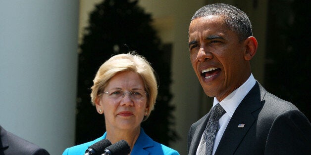 WASHINGTON, DC - JULY 18: U.S. President Barack Obama (L) speaks during a presser to announce his nomination of former Ohio Attorney General Richard Cordray (not pictured) as head of the in the Consumer Financial Protection Bureau while U.S. Treasury Secretary Timothy Geithner (L), and Special Advisor on the Consumer Financial Protection Bureau Elizabeth Warren (C) listen in the Rose Garden at the White House on July 18, 2011 in Washington, DC. The new bureau was created under a reform bill last year and intends to make basic financial practices such as taking out a mortgage or loan more clear and transparent to consumers while weeding out unfair lending practices. (Photo by Mark Wilson/Getty Images)