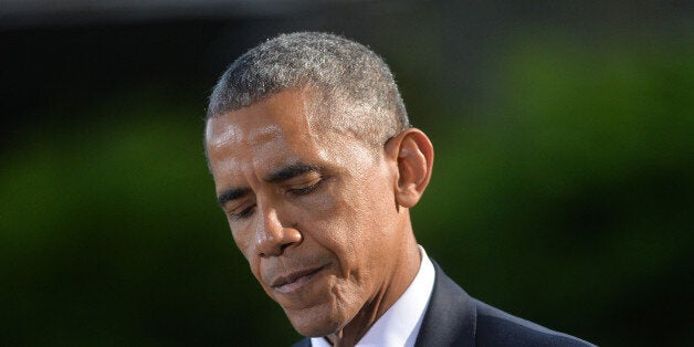 President Barack Obama speaks to reporters following the Gulf Cooperation Council-U.S. summit at Camp David, MD, USA on May 14, 2015. Obama hosted leaders from Saudi Arabia, Kuwait, Bahrain, Qatar, the United Arab Emirates and Oman to discuss a range of issues including terrorism and the U.S.-Iran nuclear deal. Photo by Kevin Dietsch/UPI/ABACAPRESS.COM