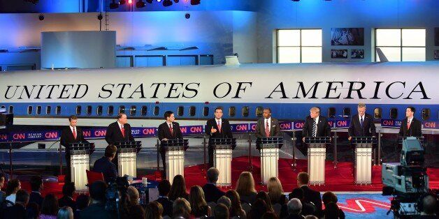 Republican presidential hopefuls (L-R), Kentucky Sen. Rand Paul, former Arkansas Gov. Mike Huckabee, Florida Sen. Marco Rubio, Texas Sen. Ted Cruz, retired neurosurgeon Ben Carson, real estate magnate Donald Trump, former Florida Gov. Jeb Bush, and Wisconsin Gov. Scott Walker participate in the Republican presidential debate at the Ronald Reagan Presidential Library in Simi Valley, California on September 16, 2015. Republican presidential frontrunner Donald Trump stepped into a campaign hornet's nest as his rivals collectively turned their sights on the billionaire in the party's second debate of the 2016 presidential race. AFP PHOTO / FREDERIC J. BROWN (Photo credit should read FREDERIC J BROWN/AFP/Getty Images)
