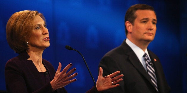 BOULDER, CO - OCTOBER 28: Presidential candidate Carly Fiorina (L) while Sen. Ted Cruz (R-TX) looks during the CNBC Republic