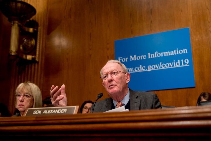 An objection from Sen. Lamar Alexander (R-Tenn.), seen during a March 3 coronavirus hearing on Capitol Hill, blocked an emergency paid sick leave bill sponsored in the Senate by Sen. Patty Murray (D-Wash.) left.