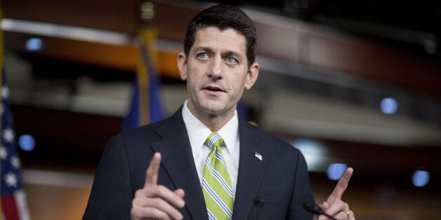 U.S. House Speaker Paul Ryan, a Republican from Wisconsin, speaks during a news conference on Capitol Hill in Washington, D.C., U.S., on Thursday, Nov. 19, 2015. President Barack Obama will veto a House Republican proposal to sharply tighten screening of refugees from Syria and Iraq, according to the White House, which said the bill wouldn't improve U.S. security after last week's terrorist attacks in Paris. The House plans to vote today on the plan. Photographer: Andrew Harrer/Bloomberg via Getty Images 