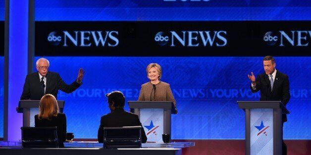 US Democratic Presidential hopefuls (L-R) Bernie Sanders, Hillary Clinton and Martin O'Malley participate in the Democratic Presidential Debate hosted by ABC News at Saint Anselm College in Manchester, New Hampshire, on December 19, 2015. AFP PHOTO / JEWEL SAMAD / AFP / JEWEL SAMAD (Photo credit should read JEWEL SAMAD/AFP/Getty Images)