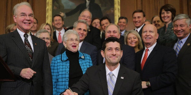 WASHINGTON, DC - JANUARY 07: Speaker of the House Paul Ryan (R-WI) signs legislation to repeal the Affordable Care Act, also known as Obamacare, and to cut off federal funding of Planned Parenthood during an enrollment ceremony in the Rayburn Room at the U.S. Capitol January 7, 2016 in Washington, DC. President Barack Obama has promised to veto the bill. (Photo by Chip Somodevilla/Getty Images)