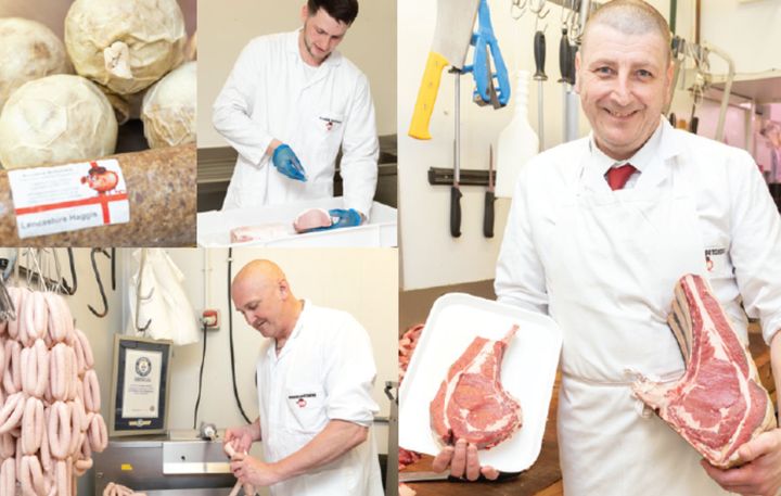 Chris Brown of Brown’s The Butchers in Chorley, Lancashire, a family butchers established by his grandfather in 1932.Chris's nephew Sam Brown - top middle, his brother Tim Brown – bottom middle, Chris Brown - right