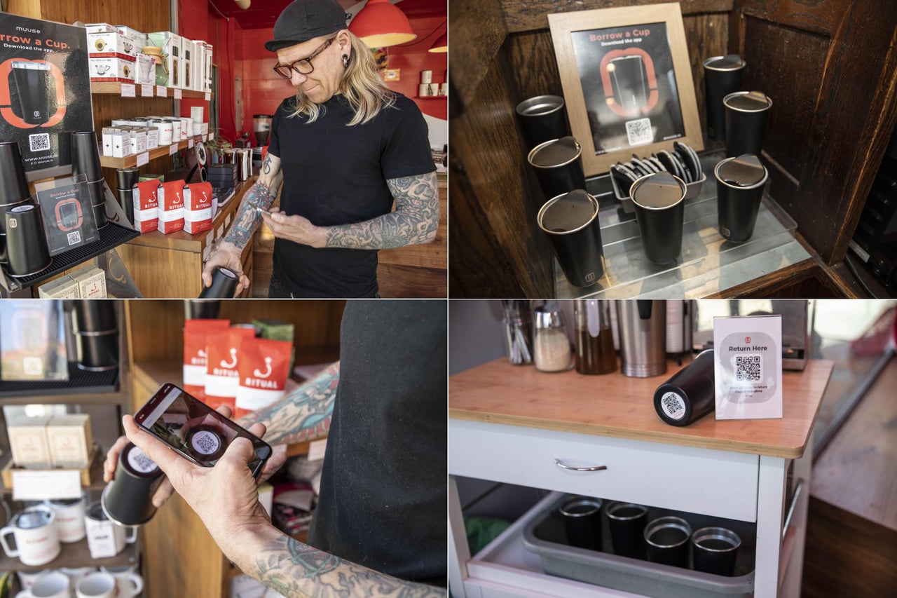 Left top: Ritual manager Jeremy Stone demonstrates how to check out a Muuse cup with the app. Right top: A Muuse pickup station at Le Boulangerie in the Hayes Valley neighborhood of San Francisco. Bottom left: Scanning a cup's QR code. Bottom right: The Muuse cup return station at Ritual Coffee. Muuse takes care of cleaning and sanitizing the cups between uses.