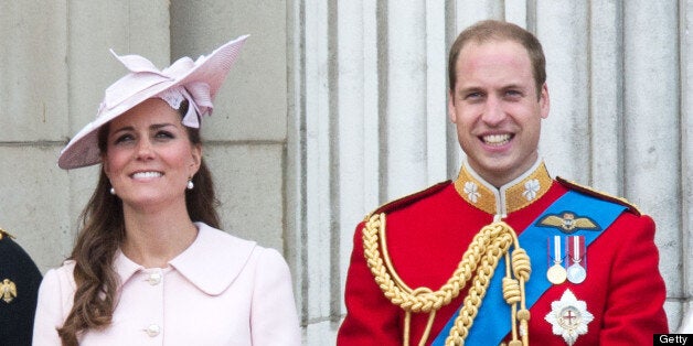 LONDON, UNITED KINGDOM - JUNE 15: Catherine, Duchess of Cambridge and Prince William, Duke of Cambridge stand on the balcony during the annual Trooping the Colour Ceremony at Buckingham Palace on June 15, 2013 in London, England. (Photo by Samir Hussein/WireImage)