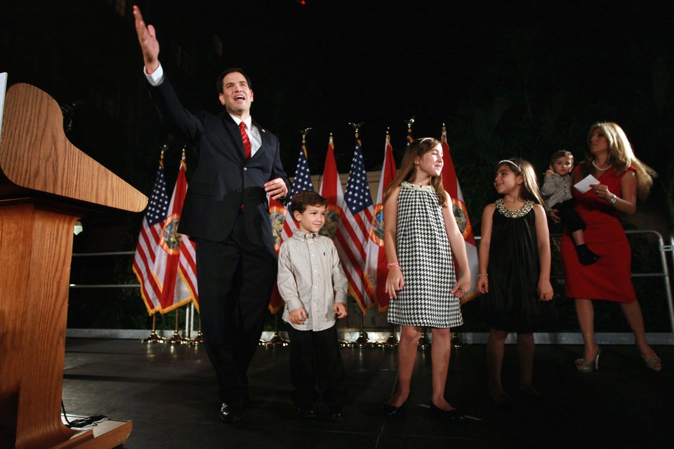 CORAL GABLES, FL - NOVEMBER 02:  (L-R) Republican nominee for Florida U.S. Senator Marco Rubio stands with his family, Anthon