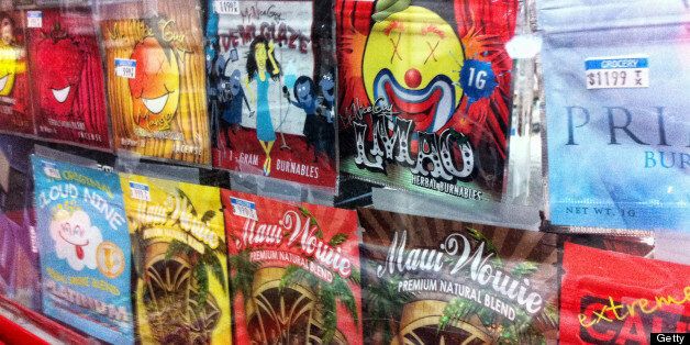 Synthetic marijuana, sold in colorful packages with names like Cloud Nine, Maui Wowie and Mr. Nice Guy, sits behind the glass counter at a Kwik Stop in Hollywood, Florida. Police are beginning to crack down on synthetic drugs. (Susannah Bryan/Sun Sentinel/MCT via Getty Images)