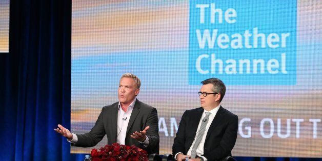 PASADENA, CA - JANUARY 11: David Clark, President, The Weather Channel, and weather anchor and managing editor Sam Champion, speak onstage during the 'New Morning Show on The Weather Channel' ' panel discussion at The Weather Channel portion of the 2014 Winter Television Critics Association tour at the Langham Hotel on January 11, 2014 in Pasadena, California. (Photo by Frederick M. Brown/Getty Images)
