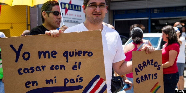 SAN JOSE, COSTA RICA - JUNE 30: The 43rd annual San Francisco Lesbian, Gay, Bisexual, Transgender (LGBT) Pride Celebration & Parade makes its way in Costa Rica on June 30, 2013 in San Jose, Costa Rica. (Photo by Fotogenia/LatinContent/Getty Images)