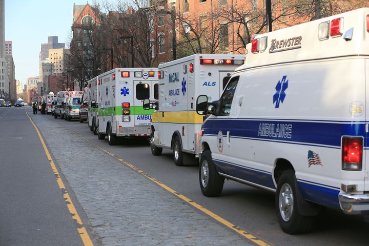 BOSTON - APRIL 15: Ambulances line Columbus Avenue after two explosions went off near the finish line of the 117th Boston Marathon on April 15, 2013. (Photo by David L. Ryan/The Boston Globe via Getty Images)