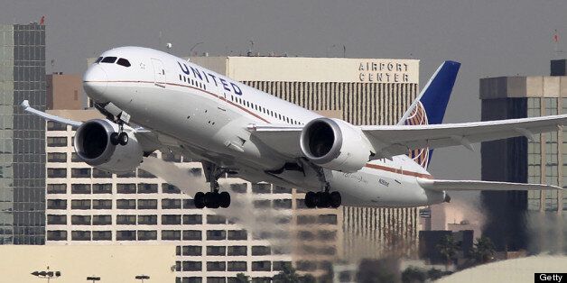 LOS ANGELES, CA - JANUARY 9: A Boeing 787 Dreamliner operated by United Airlines takes off at Los Angeles International Airport (LAX) on January 9, 2013 in Los Angeles, California. Two separate 787 jets operated by Japan Airlines (JAL) experienced mechanical problems in Boston this week. A fuel leak during takeoff forced one to return to the terminal the day after a fire erupted aboard a different Dreamliner parked at a gate shortly after landing. (Photo by David McNew/Getty Images)