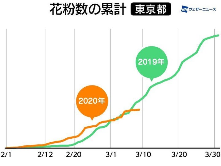 こちらは東京都内の累計花粉数(※)を示したグラフです。※ウェザーニュース独自の花粉観測機「ポールンロボ」の観測データを平均した値