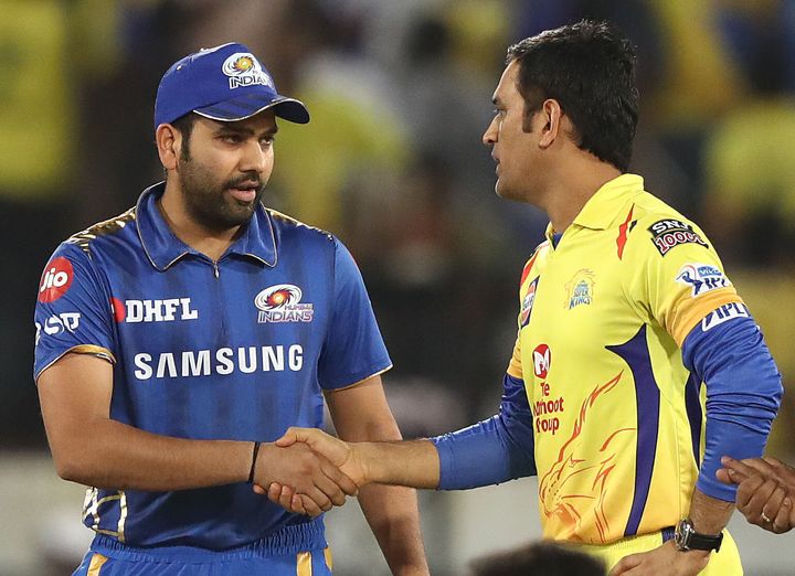 Rohit Sharma and MS Dhoni at the coin toss during the Indian Premier League Final match between Mumbai Indians and Chennai Super Kings at Rajiv Gandhi International Cricket Stadium on May 12, 2019.