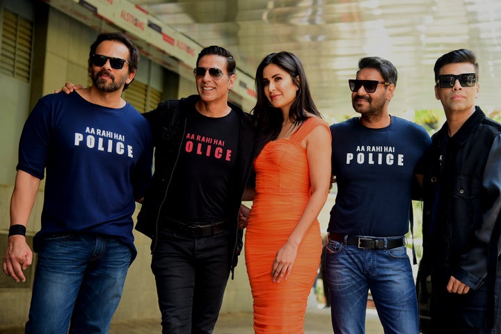 Bollywood film director Rohit Shetty (L), actors Akshay Kumar (2L), Katrina Kaif (3L), Ajay Devgn (2R) and producer Karan Johar (R) pose for pictureS during the trailer launch of the upcoming action Hindi film 'Sooryavanshi' in Mumbai on March 2, 2020. (Photo by Sujit Jaiswal / AFP) (Photo by SUJIT JAISWAL/AFP via Getty Images)