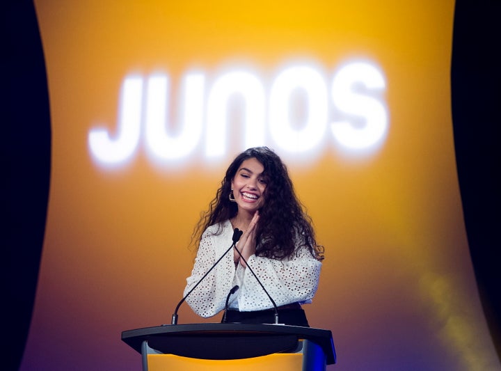 Alessia Cara, who was set to host the 2020 Juno Awards, speaks at a press conference in Toronto in January 2020. The show was cancelled on Thursday due to ongoing fears about the coronavirus pandemic.