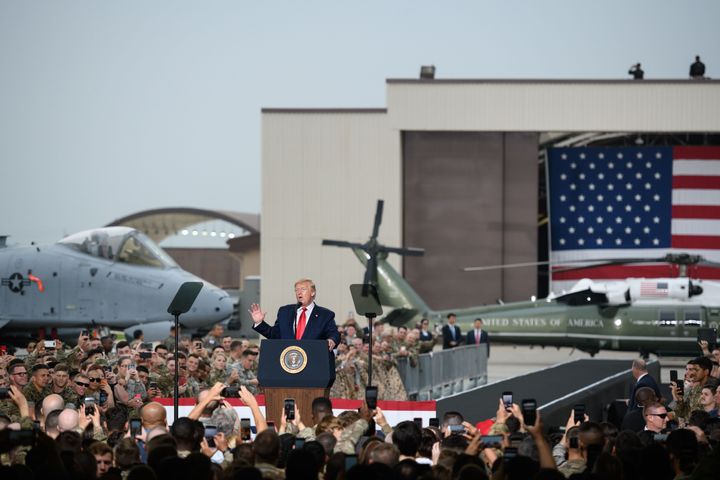 President Donald Trump speaks to military personnel and their families stationed in South Korea at Osan Air Base, south of Seoul, in June 2019.