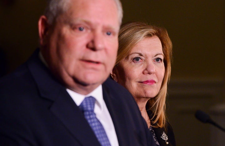 Ontario Premier Doug Ford and Health Minister Christine Elliott speak to reporters in Ottawa on March 12, 2020.