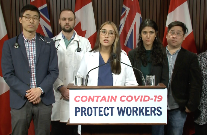 Carolina Jimenez of the Decent Work & Health Network speaks to media at Queen's Park on March 12, 2020.